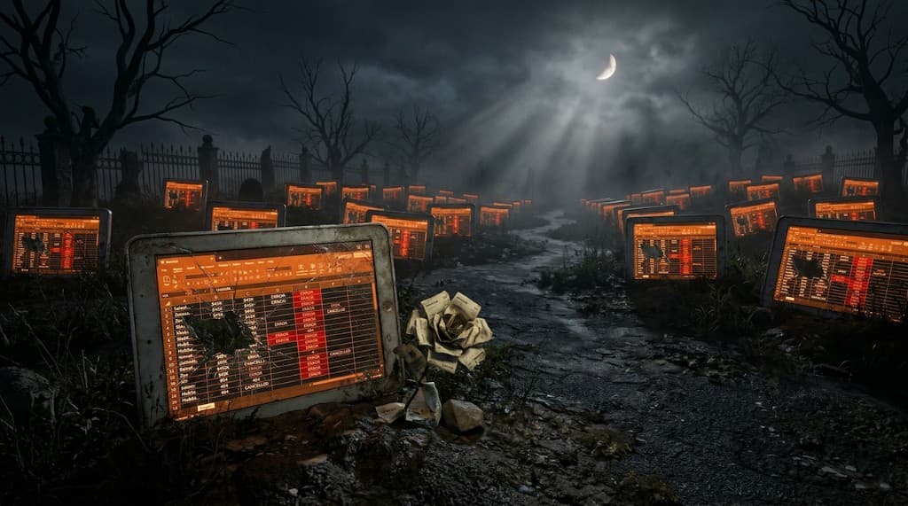 Conceptual graveyard of cracked devices showing chaotic SaaS renewal spreadsheets with errors and expired contracts