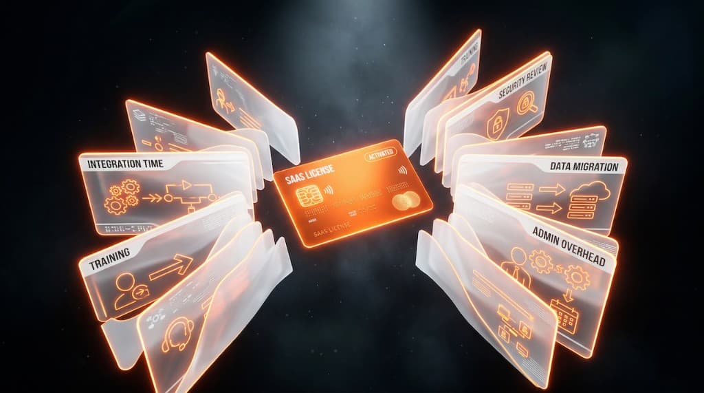 Illustration of the true cost of a SaaS license: integration time, security review, data migration, admin overhead, and training around an activated license card