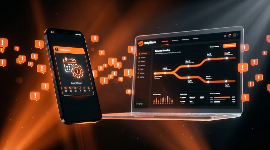 OptyStack on laptop and phone showing renewal timeline, financial metrics, and integrated alerts