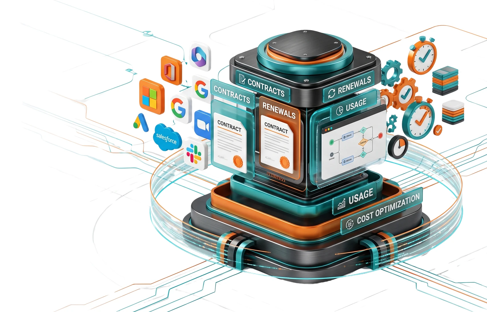 OptyStack hub organizing SaaS contracts, renewals, usage, and cost optimization from connected apps
